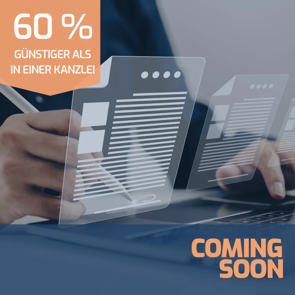 A person is using a stylus to sign a digital document on a laptop. Overlaid on the image are translucent digital document icons. In the top left corner, there is an orange banner with white text that reads "60 % GÜNSTIGER ALS IN EINER KANZLEI." In the bottom right corner, the words "COMING SOON" are displayed in orange.
